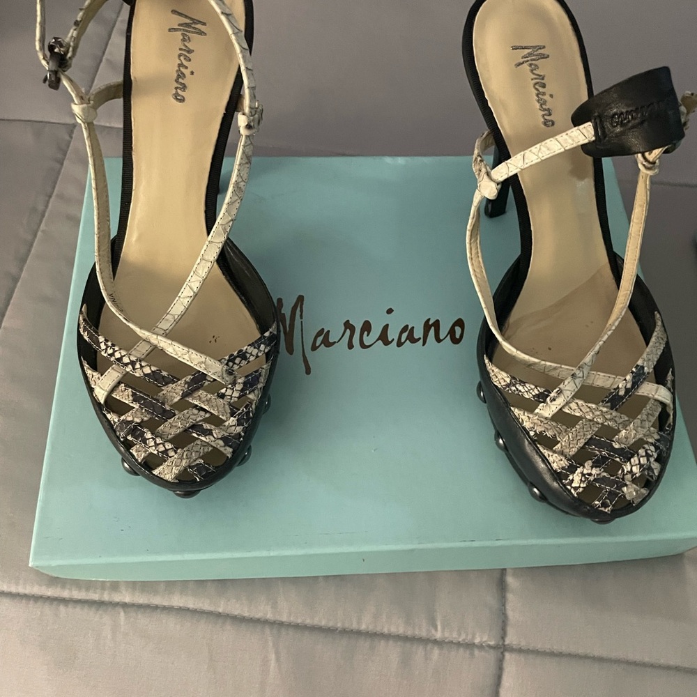 Marciano Women's Black and Cream Strappy Heels